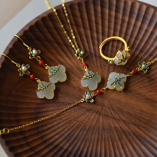 Summer special enamel porcelain inlaid Hetian jade pearl clover long earrings