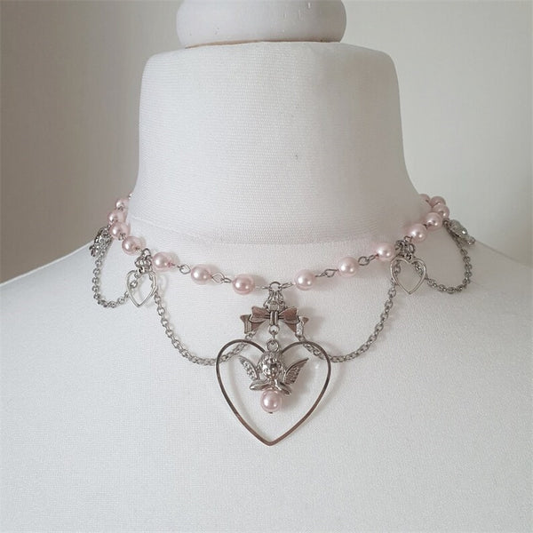 Gargantillas delicadas de perlas rosas angelicales hechas a mano