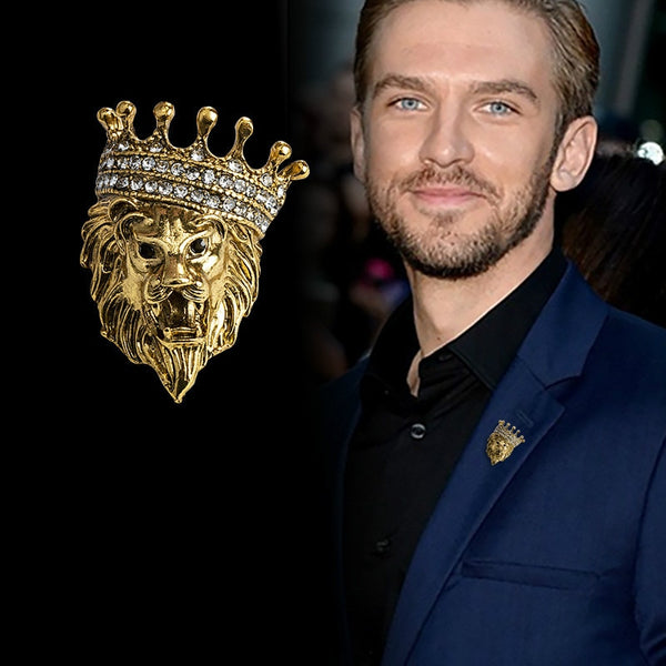 Broche vintage con forma de cabeza de león y corona de cristal para solapa, para hombre y mujer.