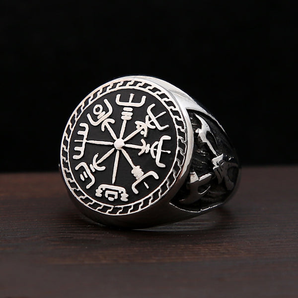 Anillo de brújula vikinga vintage de acero inoxidable para hombre