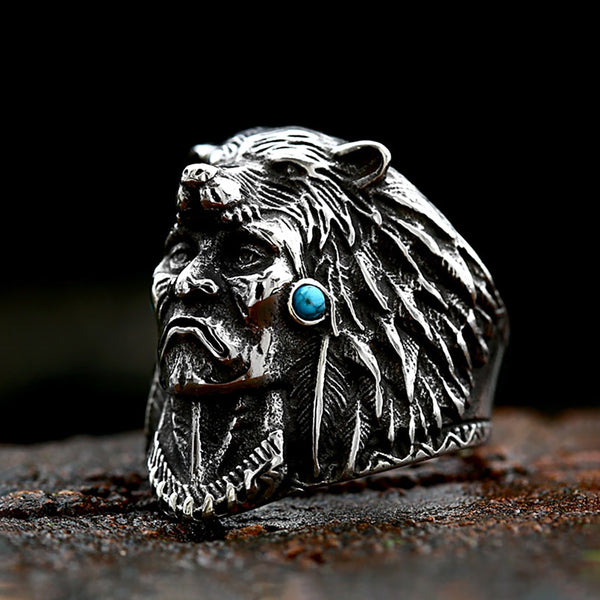 Anillo vintage de guerrero indio de acero inoxidable con piedra azul, estilo punk, motociclista y lobo.