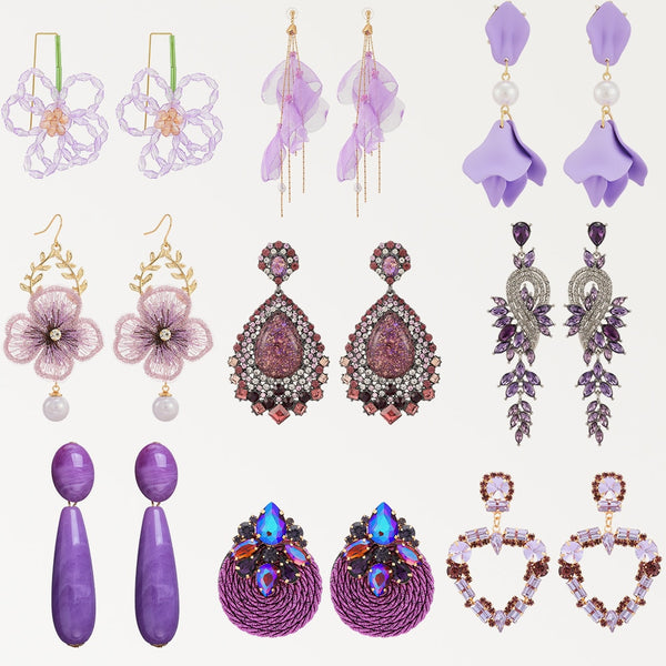 Pendientes largos colgantes de la serie morada para mujer