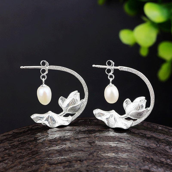 Three-dimensional craft silver carving lotus pearl earrings