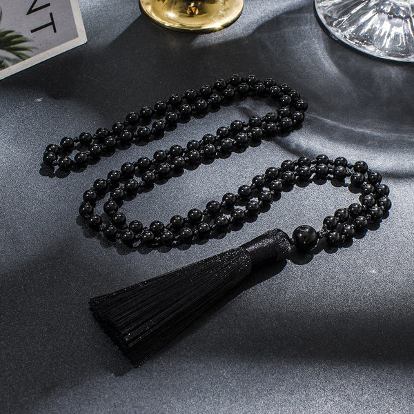 Collar mala 108 anudado con cuentas de ónix negro de 6 mm para meditación, yoga y oración.