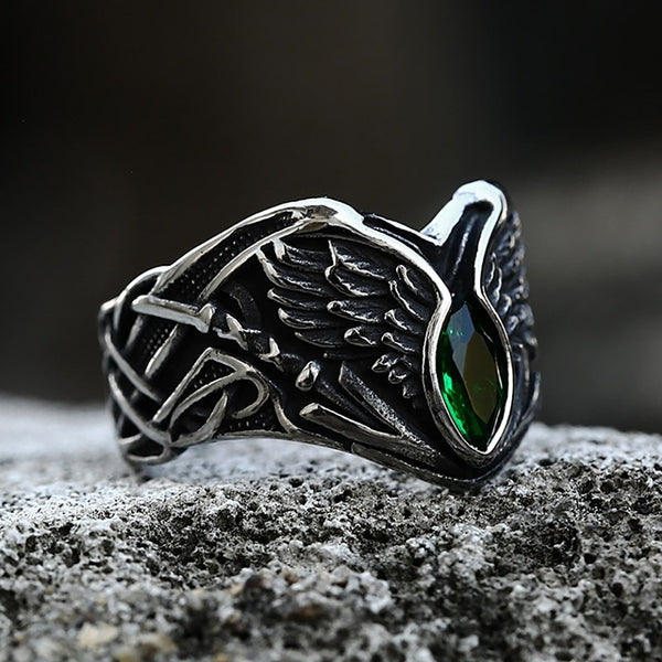 Vintage Creative Angel Wings Stone Ring Stainless Steel Punk Motorcycle Amulet Ring