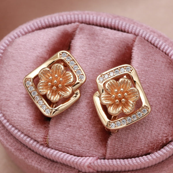 Elegantes pendientes geométricos rectangulares con flores huecas de oro 585 para mujer