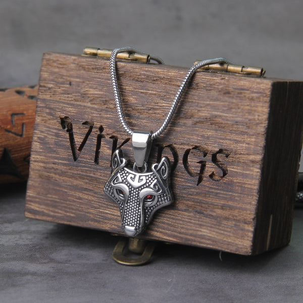 Collar con amuleto vikingo nórdico pequeño de acero inoxidable que nunca se decolora con cabeza de lobo escandinava