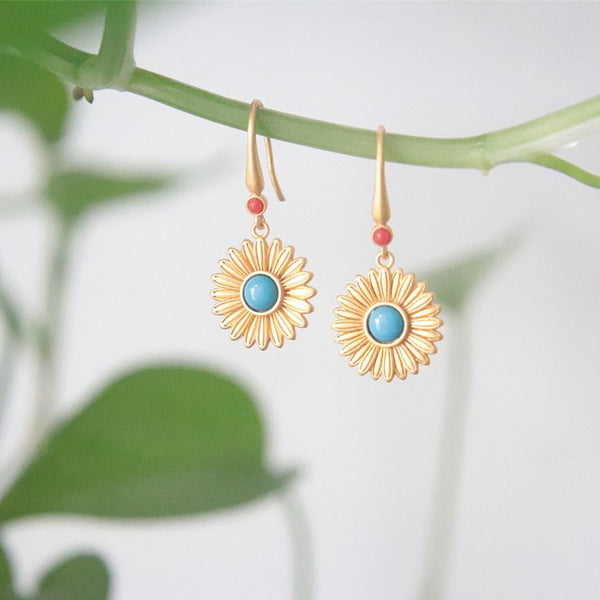 Ancient gold craft court style vintage inlaid turquoise earrings for women
