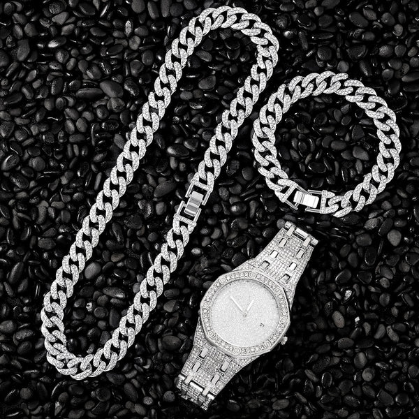 Reloj octagonal con incrustaciones de circonitas de Hip Hop + collar de cadena de 13 mm con pulsera (kit de 3 piezas)