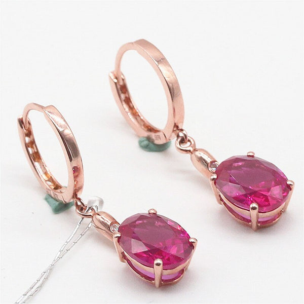 Pendientes ovalados con rubí incrustado en oro rosa de 14 quilates para mujer