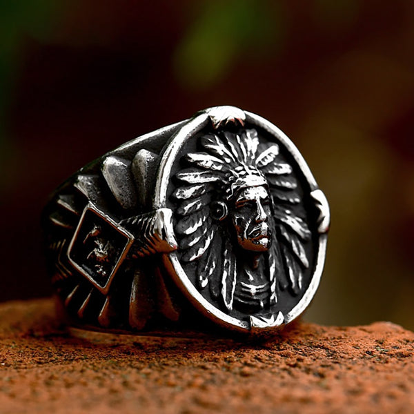 Nuevos anillos vintage de jefe indio de acero inoxidable para hombre