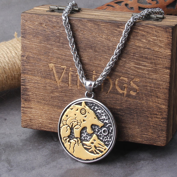 Collar con colgante vikingo nórdico de acero inoxidable con cabeza de lobo y árbol de la vida en color dorado que nunca se descolora para hombre.