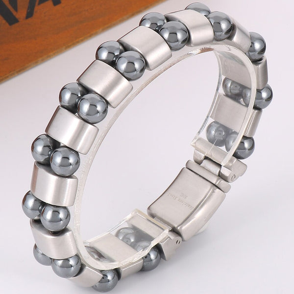 Pulsera de acero inoxidable cepillado con cuentas de piedra de hierro de doble hilera para hombre