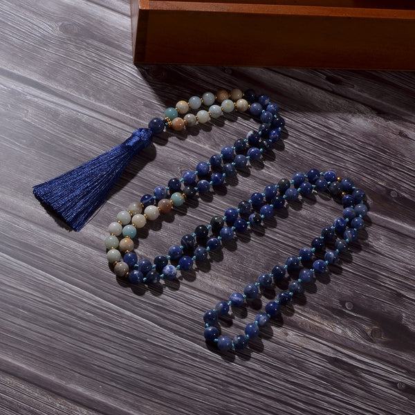 8mm Amazonite Sodalite Beaded Knotted 108 Mala Necklace