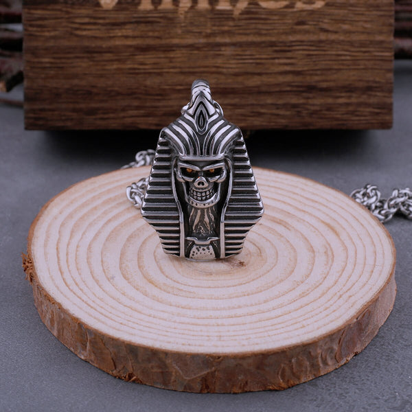 Collar de acero inoxidable con calavera de faraón para hombre, colgante retro del Antiguo Egipto.