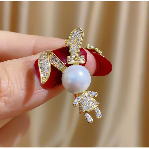 Cute Rabbit Brooch Simulated Pearl Personality Cartoon Pins Collar Suit Accessories