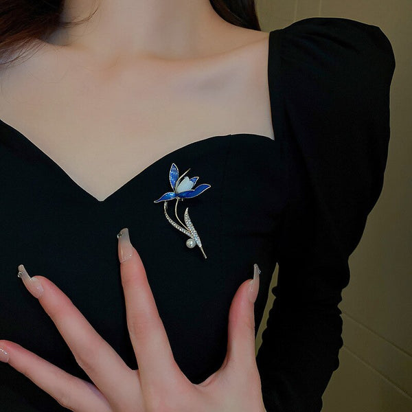Chinese Style Blue Water Lily Brooch RhinestoneTulip Flower Women Brooches