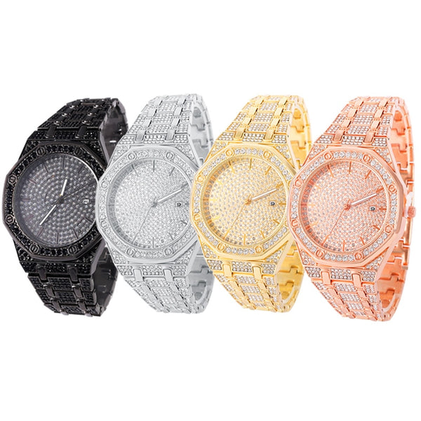 HipHop Iced Out Men Women Watch Luxury Date Quartz Bling Full Rhinestones Watches