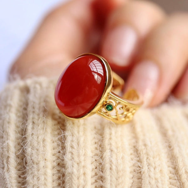 Creative Silver Inlaid Vintage Chinese Style Natural Carnelian Rings for Women