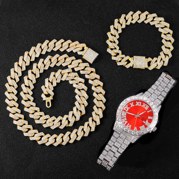 Necklace+Watch+Bracelet Iced Out Watch For Men Hip Hop 14MM Prong Cuban Chain