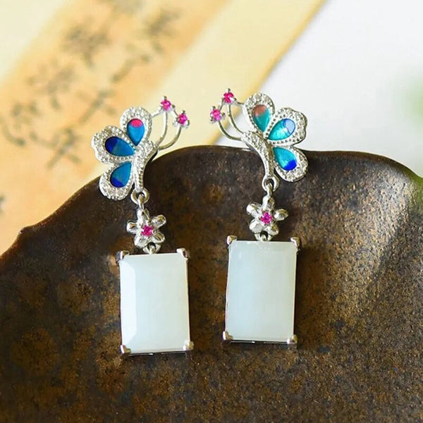 Pendientes de porcelana esmaltada con forma de mariposa cuadrada de jade blanco hetiano natural
