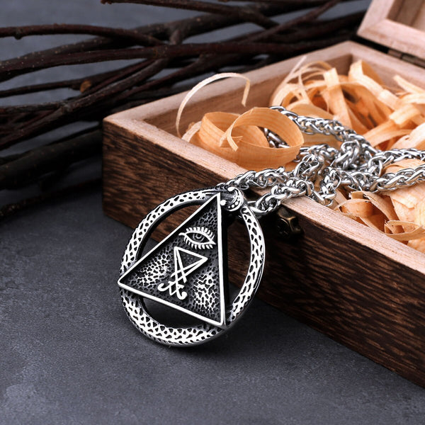 Collar vintage de acero inoxidable con el ojo del diablo de Satanás y Lucifer para hombre