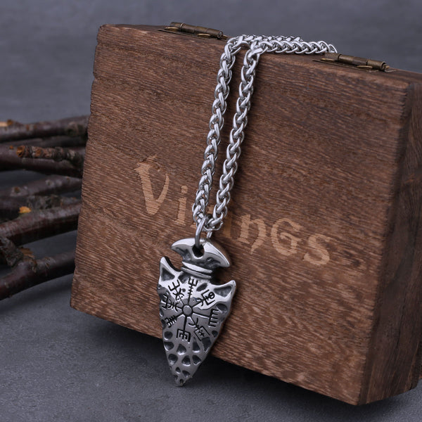 Collar con colgante de lanza vikinga de acero vintage "Yelmo del Asombro" y "Vegvisir vikingo"