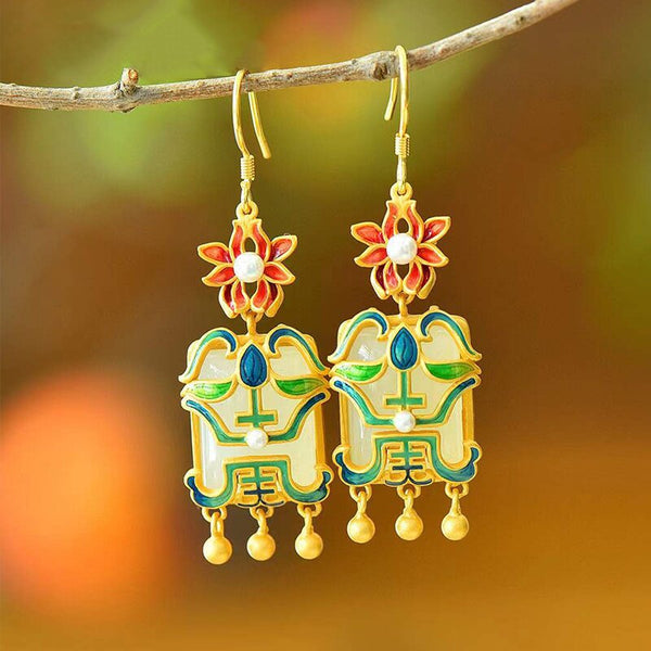 Pendientes de perlas de porcelana esmaltada con jade hetiano natural para mujer