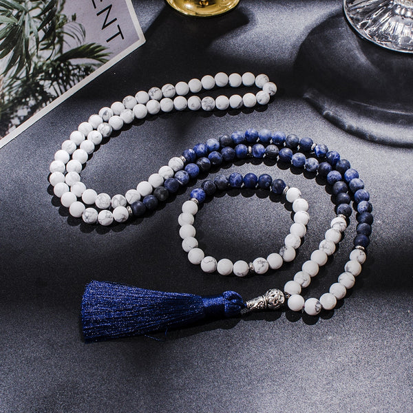 Collar de cuentas de howlita mate de 8 mm con 108 cuentas de mala, sodalita, meditación, yoga, oración, conjunto de japamala