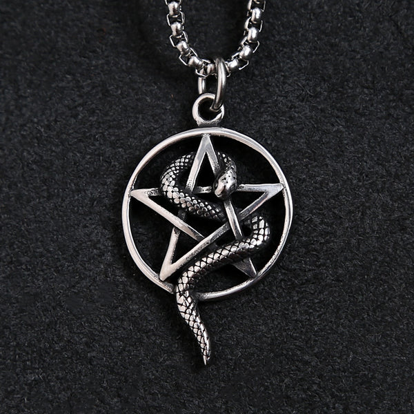 Collar con colgante de pentagrama de acero inoxidable vintage creativo con serpiente enrollada para hombre