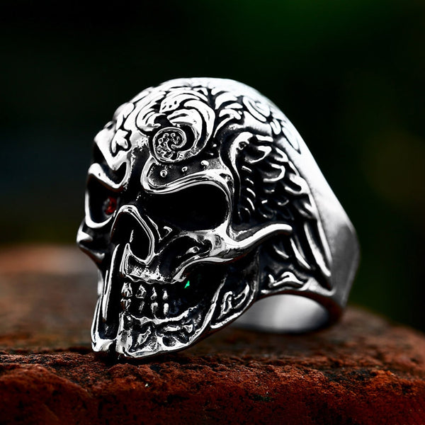 Nuevo anillo vintage de calavera de acero inoxidable 316L con piedra roja, estilo motero, estilo esqueleto.
