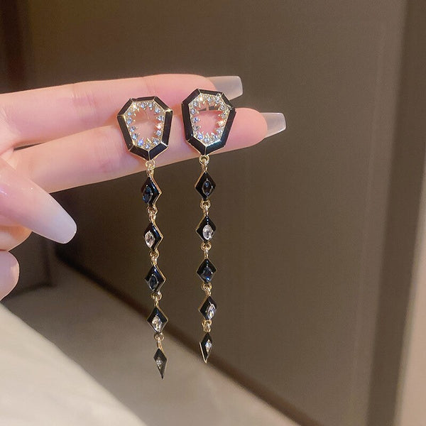 Pendientes largos geométricos negros de moda para mujer