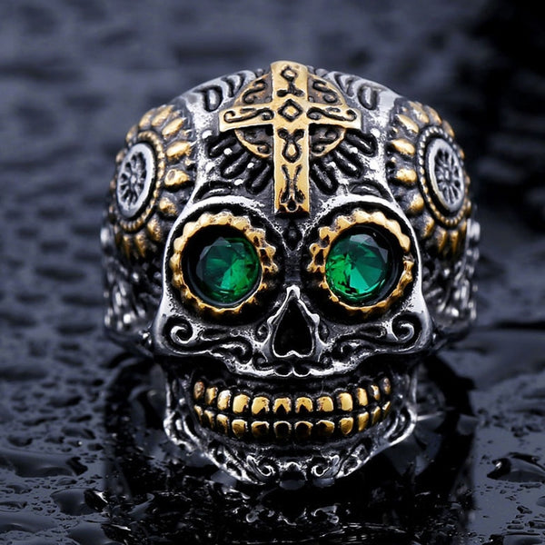 Anillo de calavera Kapala con talla gótica dorada para hombre, de acero inoxidable 316L, estilo motero, estilo punk rock, hip hop, joyería de moda al por mayor.