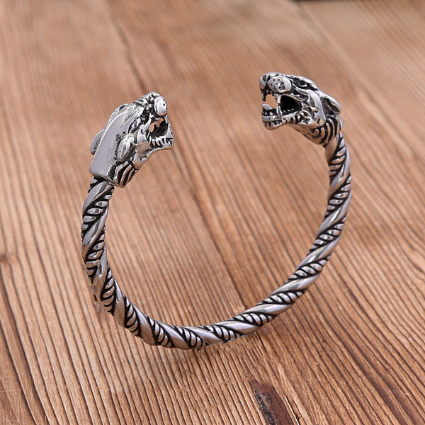 Pulsera vikinga vintage punk personalizada con cabeza de leopardo de acero inoxidable 316L para hombre