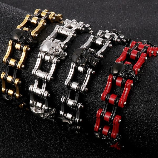 Pulsera de cadena de bicicleta para hombre con calavera y esqueleto de acero inoxidable rojo.