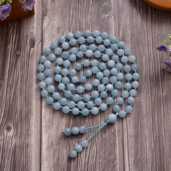 Collar Mala 108 con nudo de cuentas de aguamarina de 8 mm