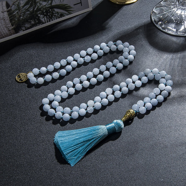 Collar Mala de 108 cuentas anudadas de calcedonia azul de 8 mm para meditación, yoga y oración.