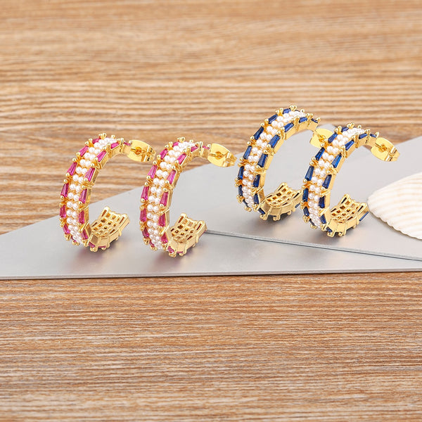 Pendientes circulares con circonitas y perlas de 4 colores, estilo coreano