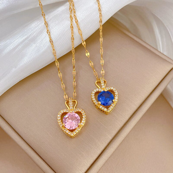 316L Stainless Steel Gold Color Temperament Blue Pink Rhinestone Heart Pendant Necklace For Women