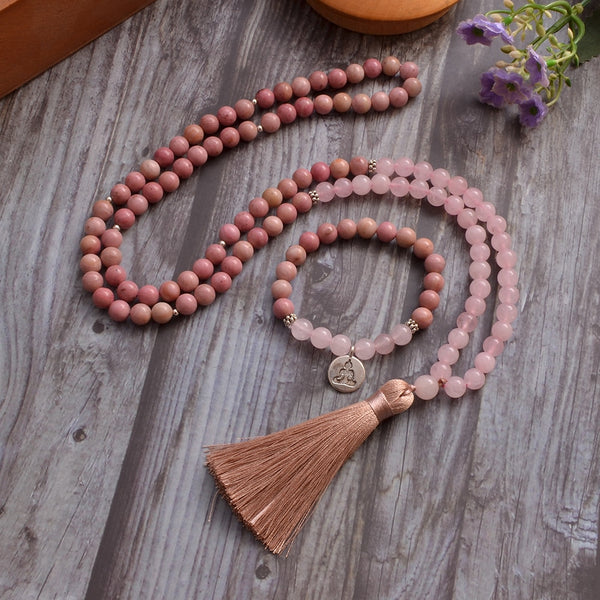 Collar Mala 108 con cuentas de cuarzo rosa rodocrosita de 8 mm