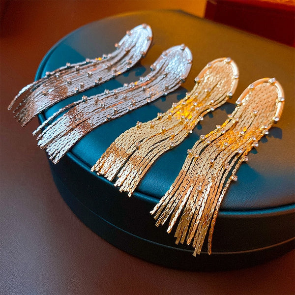 Pendientes de borlas de lujo con micropavé de circonitas brillantes en color dorado/plateado, pendientes largos llamativos