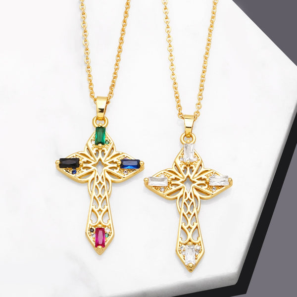 Hollow Gold Plated Cross Necklaces for Women Multicolor CZ Rhinestone Religious Necklaces