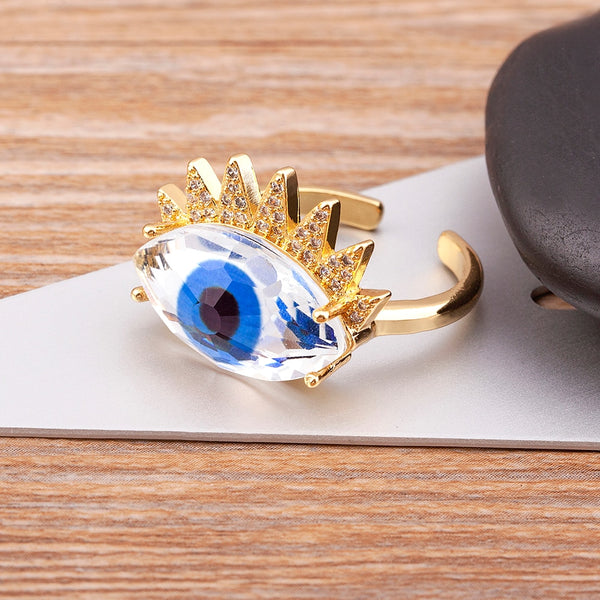 Trendy Design Bohemian Lucky Colorful Evil Eye Transparent Rhinestone Opening Adjustable Ring
