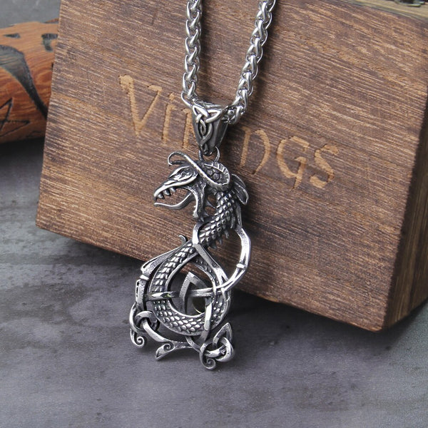 Dragón vikingo de acero inoxidable que nunca se decolora con runa vikinga y caja de madera como regalo de Navidad para hombres.