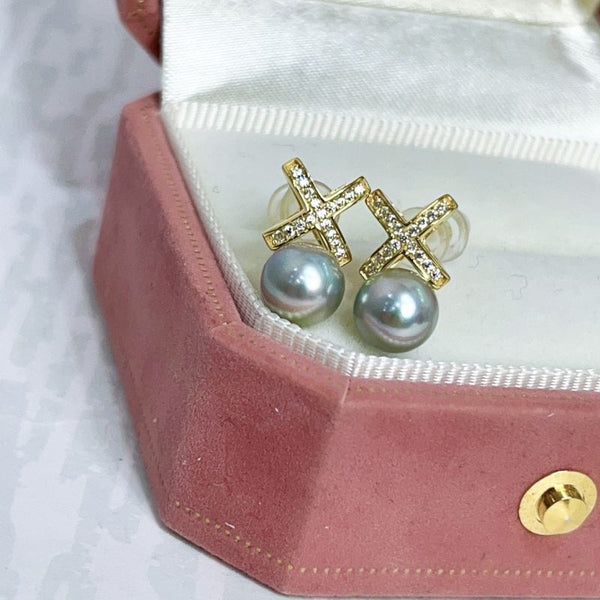 Trendy Simple 7-8mm Akoya Silver Blue Pearls X-Shape Stud Earrings