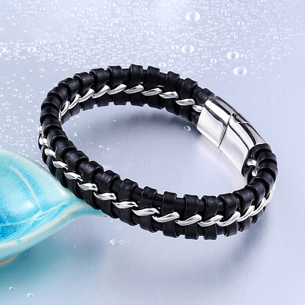 Pulsera de cuero negro de moda sencilla para hombres y mujeres