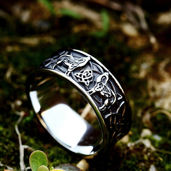 Anillos de acero inoxidable vintage sencillos con nudo celta vikingo, estilo punk, estilo nórdico con lobo.