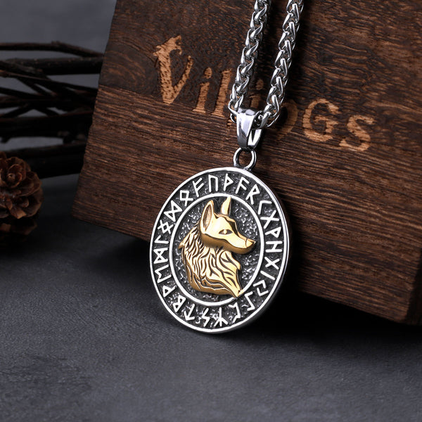 Collar con colgante de runa retro con cabeza de lobo vikingo de acero inoxidable para hombre