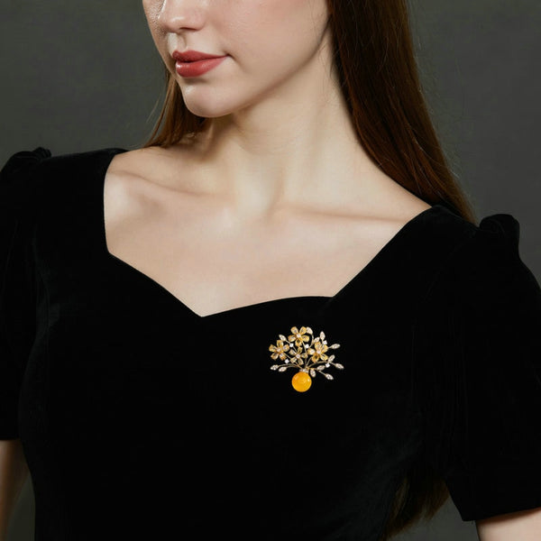 Chinese Style Brooch Imitation Agate Copper Micro Inlaid Cubic Zirconia Vase Pin Accessories Gift
