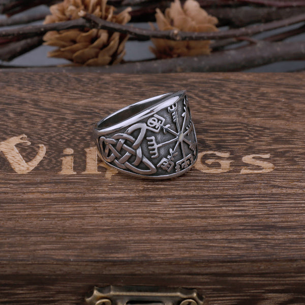 Anillo vikingo vintage de acero inoxidable con brújula y runas para hombre.